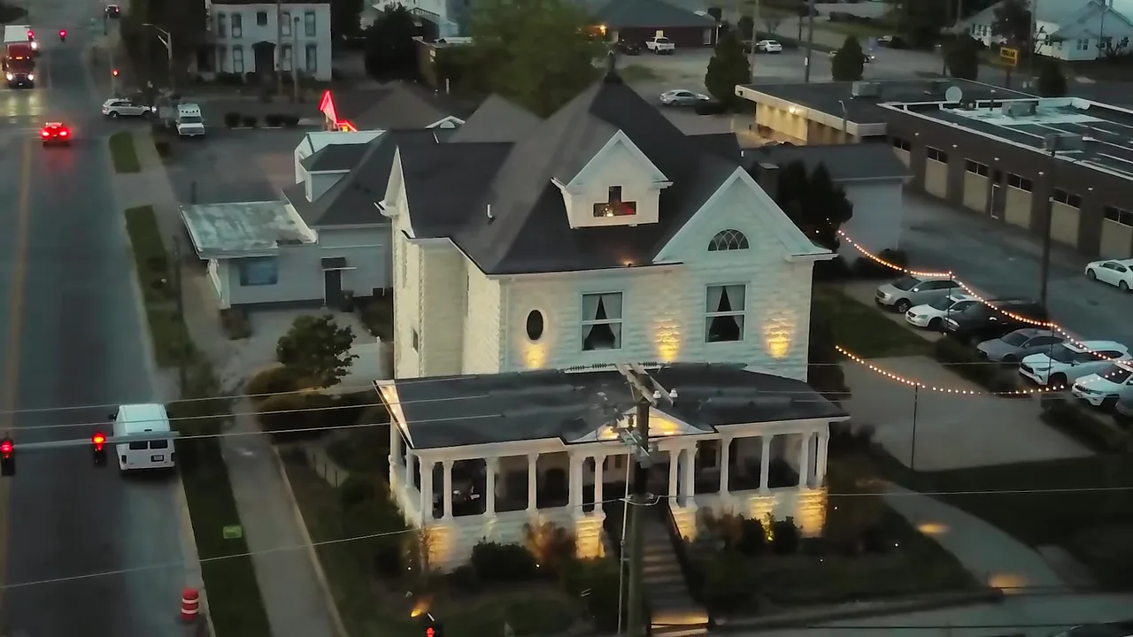 The Miller House at dusk, seen from the air